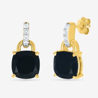 Genuine Black Onyx 10K Gold Sterling Silver Cushion Drop Earrings