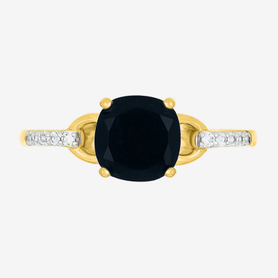 Womens Genuine Black Onyx 10K Gold Sterling Silver Cushion Side Stone Cocktail Ring