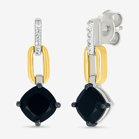 Genuine Black Onyx 10K Gold Sterling Silver Cushion Drop Earrings, One Size