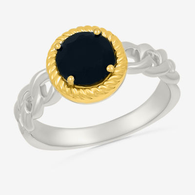 Womens Genuine Black Onyx 10K Gold Sterling Silver Round Cocktail Ring