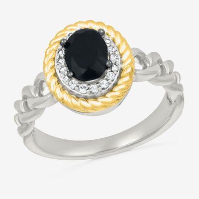 Womens Genuine Black Onyx 10K Gold Sterling Silver Oval Halo Cocktail Ring