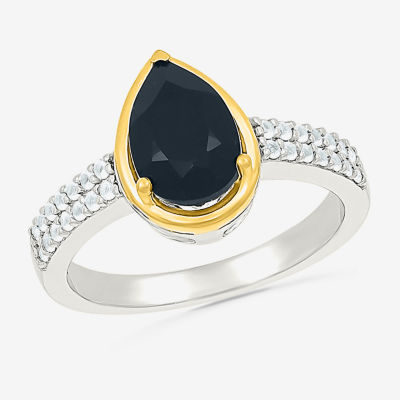 Womens Genuine Black Onyx 10K Gold Sterling Silver Pear Side Stone Cocktail Ring