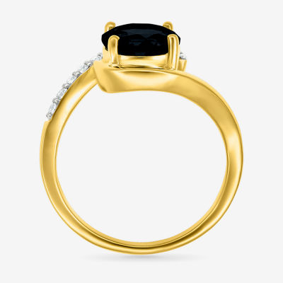 Womens Genuine Black Onyx 10K Gold Sterling Silver Round Bypass  Cocktail Ring