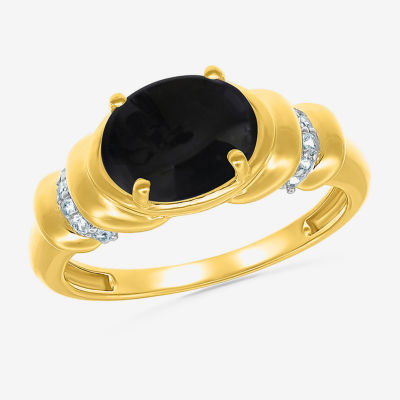 Womens Genuine Black Onyx 10K Gold Sterling Silver Oval Side Stone Cocktail Ring