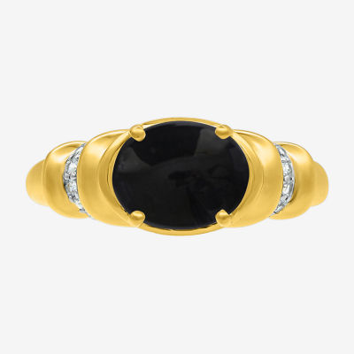 Womens Genuine Black Onyx 10K Gold Sterling Silver Oval Side Stone Cocktail Ring