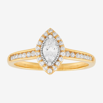 (H-I / Si1-Si2) Womens 1/2 CT. T.W. Lab Grown White Diamond 10K Gold Marquise Side Stone Halo Engagement Ring