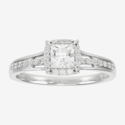 (H-I / Si1-Si2) Womens 3/4 CT. T.W. Lab Grown White Diamond 10K Gold Side Stone Halo Engagement Ring