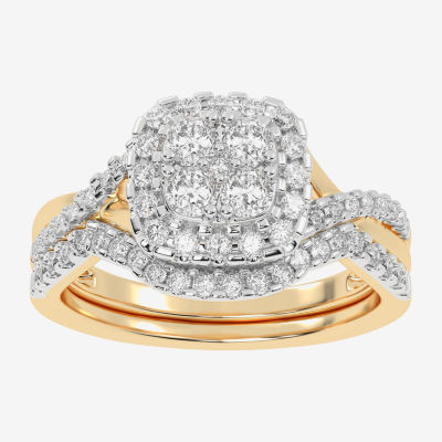 Womens / CT. T.W. Natural White Diamond 10K Gold Cushion Side Stone Halo Bridal Set