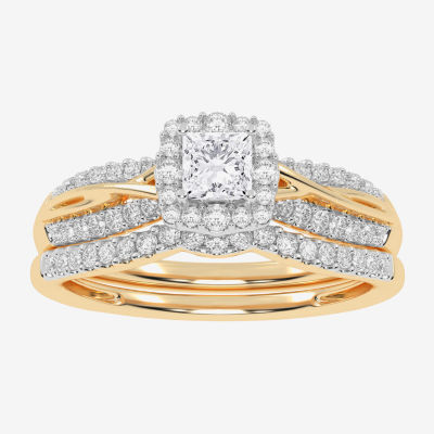 Womens CT. T.W. Natural White Diamond 10K Gold Side Stone Halo Bridal Set