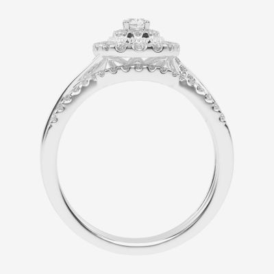 Womens 1/2 CT. T.W. Natural White Diamond 10K White Gold Oval Side Stone Halo Bridal Set