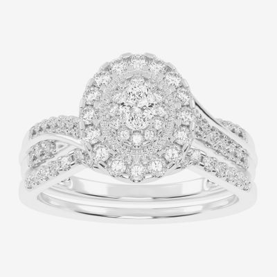 Womens 1/2 CT. T.W. Natural White Diamond 10K White Gold Oval Side Stone Halo Bridal Set