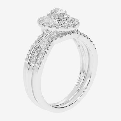 Womens 1/2 CT. T.W. Natural White Diamond 10K White Gold Oval Side Stone Halo Bridal Set