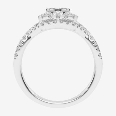 Womens 1/2 CT. T.W. Natural White Diamond 10K White Gold Cushion Side Stone Halo Bridal Set