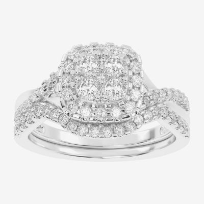 Womens 1/2 CT. T.W. Natural White Diamond 10K White Gold Cushion Side Stone Halo Bridal Set