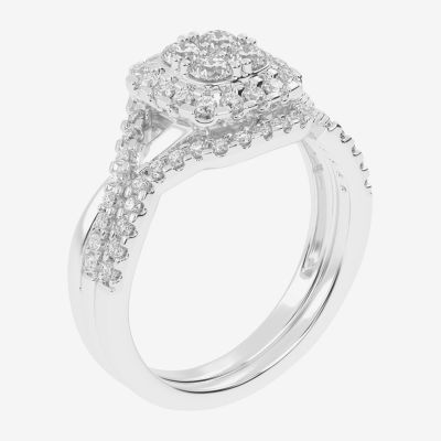 Womens 1/2 CT. T.W. Natural White Diamond 10K White Gold Cushion Side Stone Halo Bridal Set