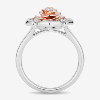 Enchanted Disney Fine Jewelry Womens 1/ CT. T.W. Mined White Diamond 14K Rose Gold Over Silver Flower Beauty and the Beast Belle Cocktail Ring