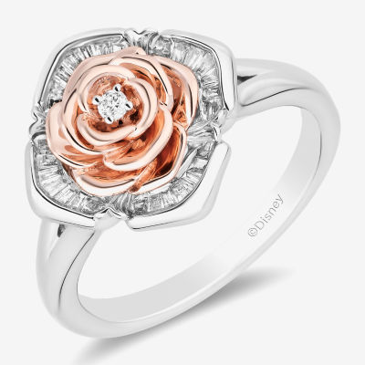 Enchanted Disney Fine Jewelry Womens 1/6 CT. T.W. Mined White Diamond 14K Rose Gold Over Silver Flower Beauty and the Beast Belle Cocktail Ring