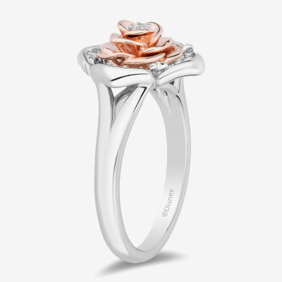 Enchanted Disney Fine Jewelry Womens 1/6 CT. T.W. Mined White Diamond 14K Rose Gold Over Silver Flower Beauty and the Beast Belle Cocktail Ring