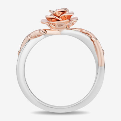 Enchanted Disney Fine Jewelry Womens 1/ CT. T.W. Natural White Diamond 14K Rose Gold Over Silver Flower Beauty and the Beast Belle Cocktail Ring