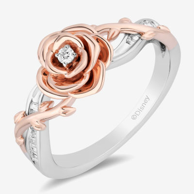 Enchanted Disney Fine Jewelry Womens 1/ CT. T.W. Natural White Diamond 14K Rose Gold Over Silver Flower Beauty and the Beast Belle Cocktail Ring