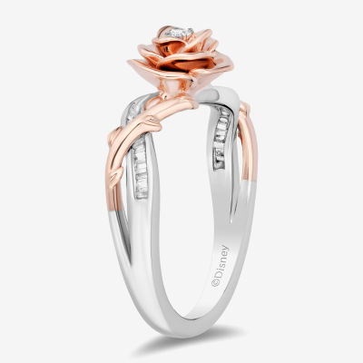 Enchanted Disney Fine Jewelry Womens 1/ CT. T.W. Natural White Diamond 14K Rose Gold Over Silver Flower Beauty and the Beast Belle Cocktail Ring