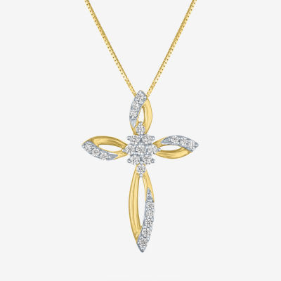 (G-H/ I1-I2) Womens 1/6 CT. T.W. Lab Grown White Diamond 10K Gold Cross Pendant Necklace