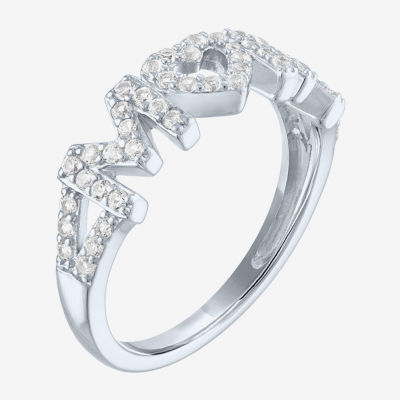 Yes, Please! "Mom" Womens Lab Created White Sapphire Sterling Silver Heart Band