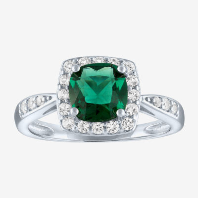 Yes, Please! Womens Lab Created Green Emerald Sterling Silver Cushion Halo Side Stone Cocktail Ring