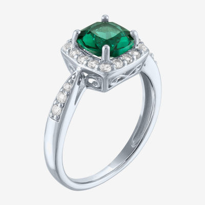 Yes, Please! Womens Lab Created Green Emerald Sterling Silver Cushion Halo Side Stone Cocktail Ring