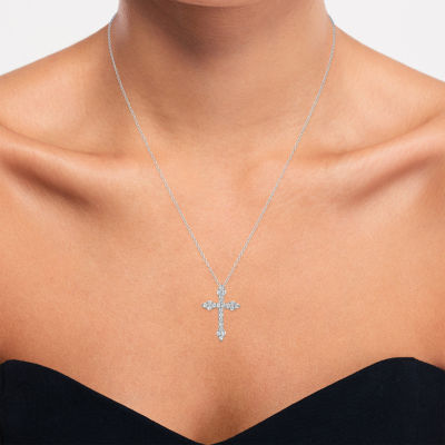 YES PLEASE! Womens Lab Created White Sapphire Sterling Silver Cross Pendant Necklace