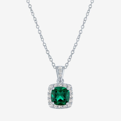 Yes Womens Lab Created Green Emerald Sterling Silver Cushion Pendant Necklaces