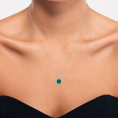 Yes Womens Lab Created Green Emerald Sterling Silver Cushion Pendant Necklaces