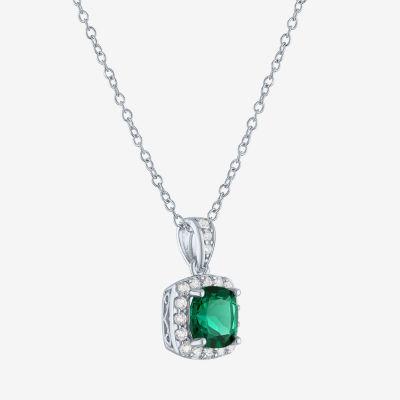 Yes, Please! Womens Lab Created Green Emerald Sterling Silver Cushion Pendant Necklace