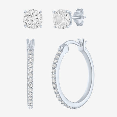 Yes, Please! Womens Lab Created White Sapphire Sterling Silver 2 Pair Earring Set