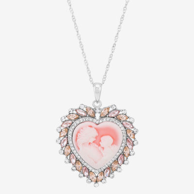 Mother And Child Womens Pink Sterling Silver Cameo Heart 18 Inch Pendant Necklace