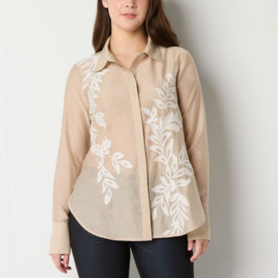 Worthington Womens Long Sleeve Embroidered Regular Fit Button-Down Shirt