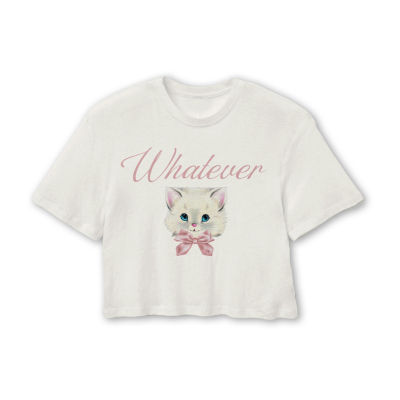 Whatever Cute Cat Graphic Womens Crew Neck Short Sleeve Crop Top Juniors