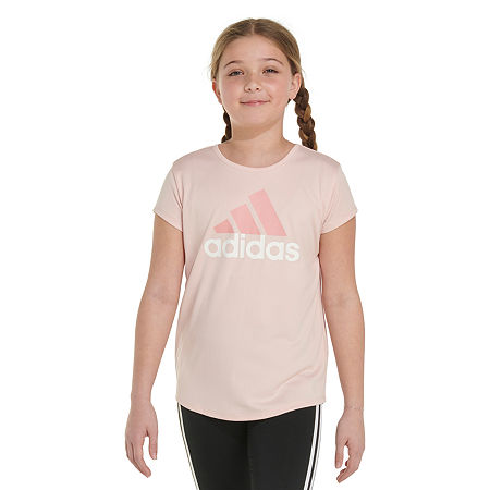 adidas Big Girls Scoop Neck Short Sleeve Graphic T-Shirt, Small (7-8), Pink