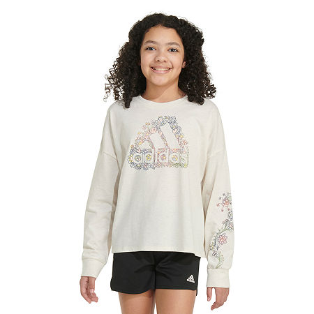 adidas Big Girls Crew Neck Long Sleeve Graphic T-Shirt, Large (14), White