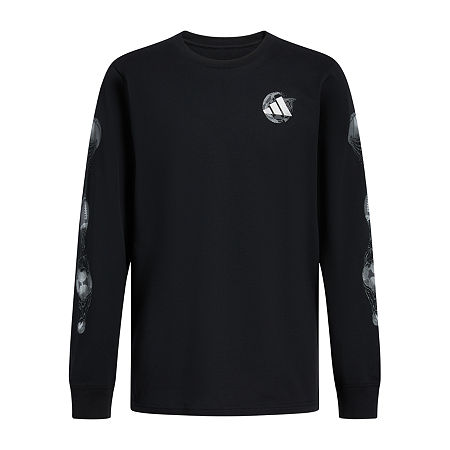 adidas Big Boys Crew Neck Long Sleeve Graphic T-Shirt, Medium (10-12), Black