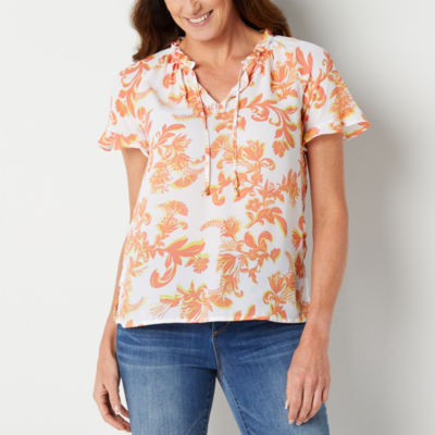 Liz Claiborne Womens Split Tie Neck Short Sleeve Blouse, Color White