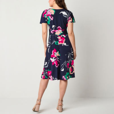 Robbie Bee Womens Petite Short Sleeve Floral Fit + Flare Dress