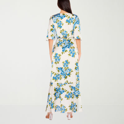 Premier Amour Satin Short Sleeve Floral Maxi Dress