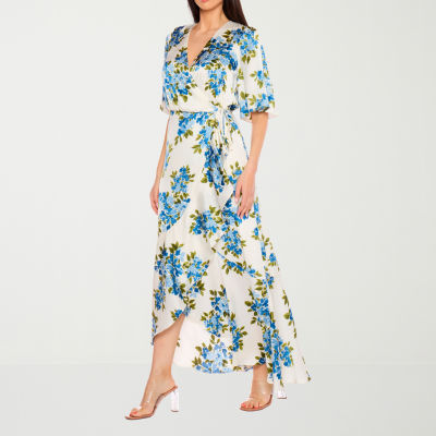 Premier Amour Satin Short Sleeve Floral Maxi Dress