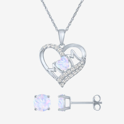 "Mom" Lab Created Opal Sterling Silver Heart 2-pc. Jewelry Set