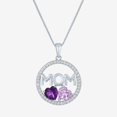 "Mom" Womens Genuine Purple Amethyst Sterling Silver Pendant Necklace