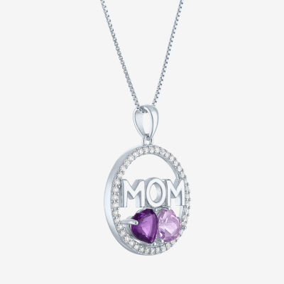 "Mom" Womens Genuine Purple Amethyst Sterling Silver Pendant Necklace