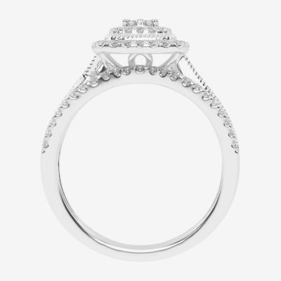 Womens 1/2 CT. T.W. Natural White Diamond 10K White Gold Cushion Side Stone Halo Bridal Set