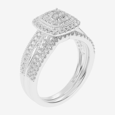 Womens 1/2 CT. T.W. Natural White Diamond 10K White Gold Cushion Side Stone Halo Bridal Set