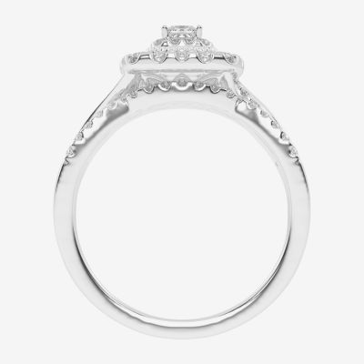 Womens 1/2 CT. T.W. Natural White Diamond 10K White Gold Cushion Side Stone Halo Bridal Set